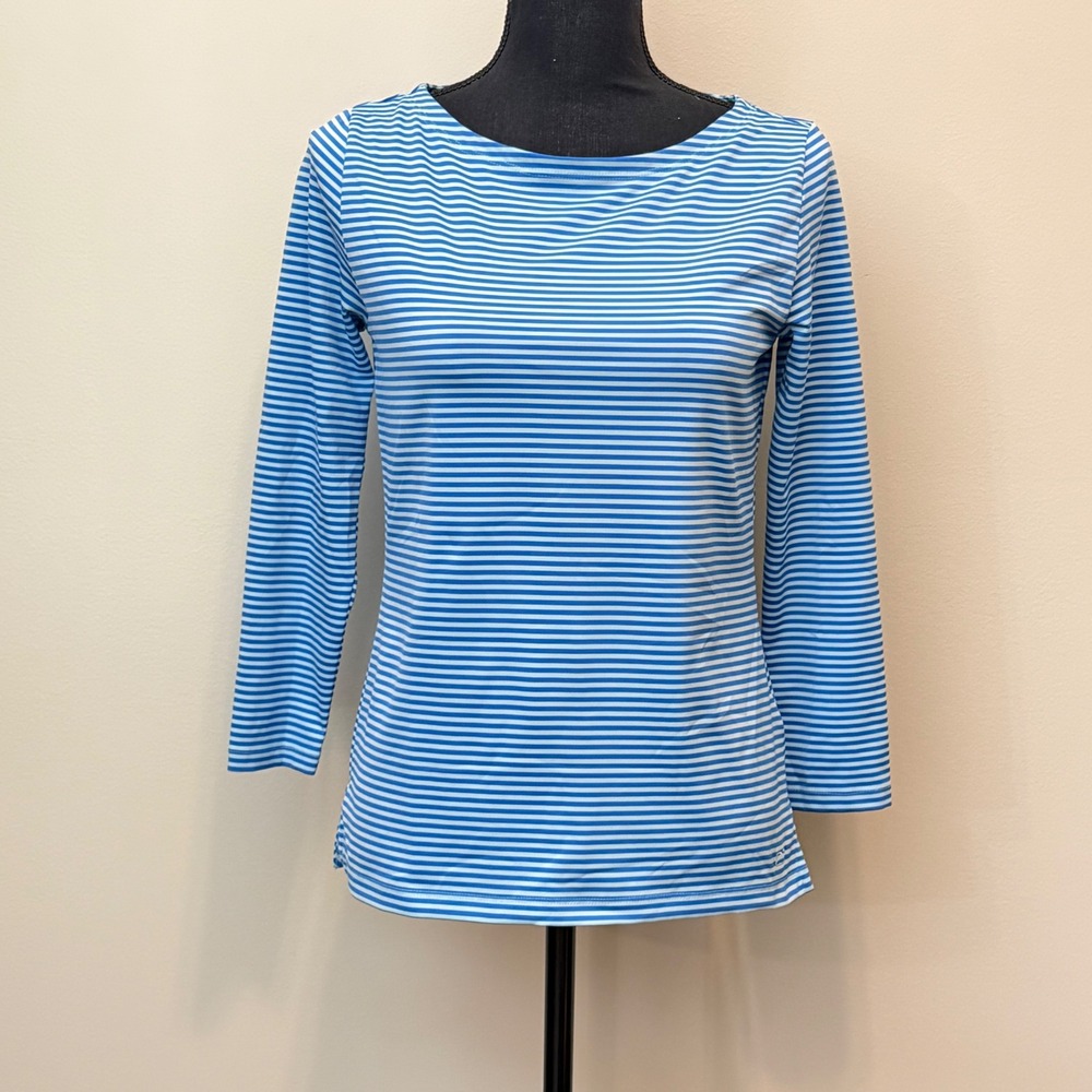 Vineyard Vines Sankaty Boatneck Striped Top Blue 3/4 Sleeve Women XS Performance